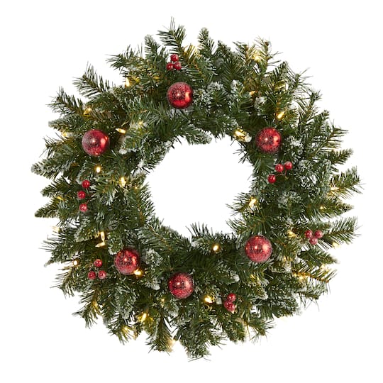 24&#x22; White LED Frosted Christmas Wreath with Ornaments &#x26; Berries